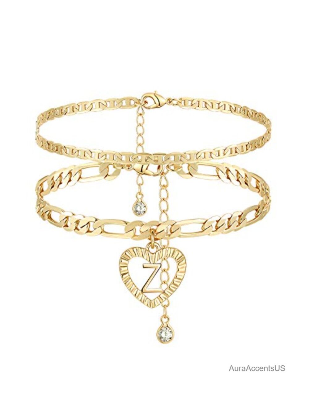 14K Gold Plated Layered Initial Anklets Figaro Chain Heart Ankle Bracelets